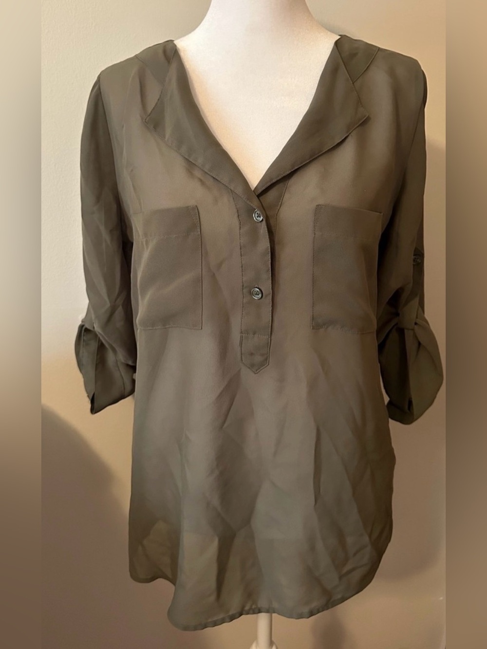 Ashley Office Olive Green V-Neck Button Business Casual Blouse- Women’s - Picture 2 of 3